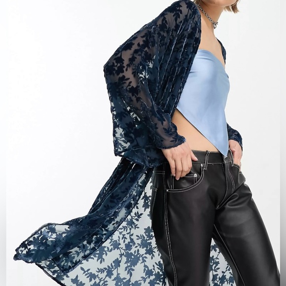 Sisters Of The Tribe kimono with tie front in twotone teal velvet burnout Sz 16 - Picture 2 of 6